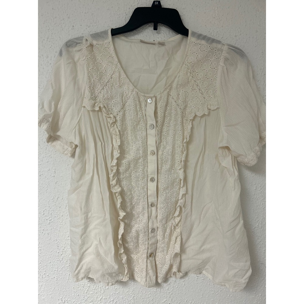 LOGO Lori Goldstein Eyelet Lace Ruffle Button Front Blouse Cream 3X
